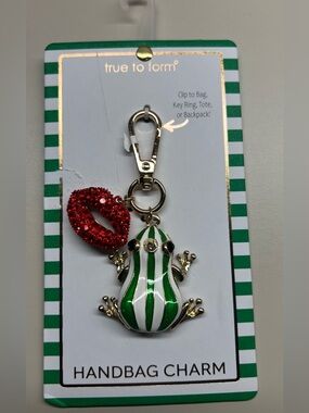 True to Form Green & White Striped Frog Handbag Charm with Red Lip Accent